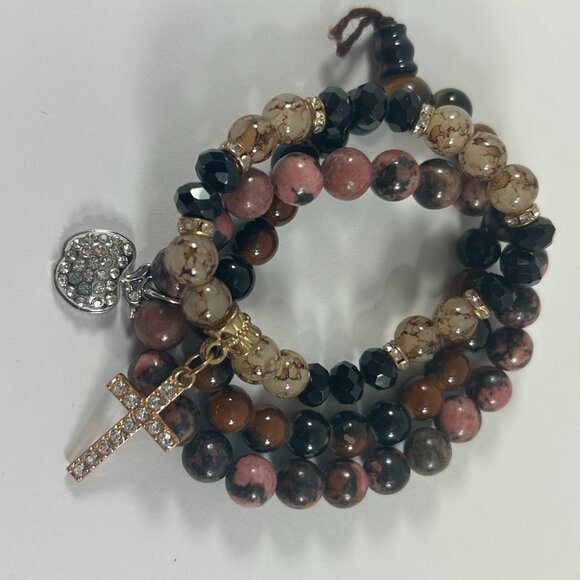 Lot 3 Stretch Bracelets Brown Stone Apple Cross Charm Rhinestones Beaded - Picture 2 of 9